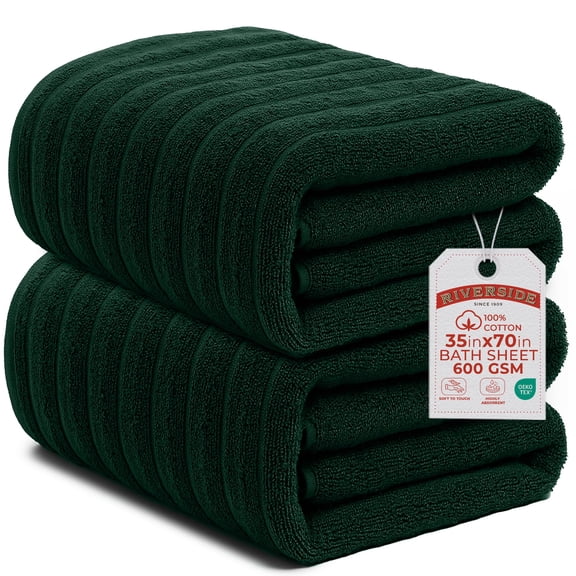 RIVERSIDE 2 Pack Oversized Bath Sheets 35x70 Soft Quick-Dry 600 GSM Ribbed Cotton Towels - Hunter Green