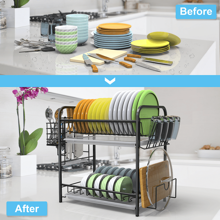 1pc Double-layer Black Dish Drying Rack With Removable Drainboard