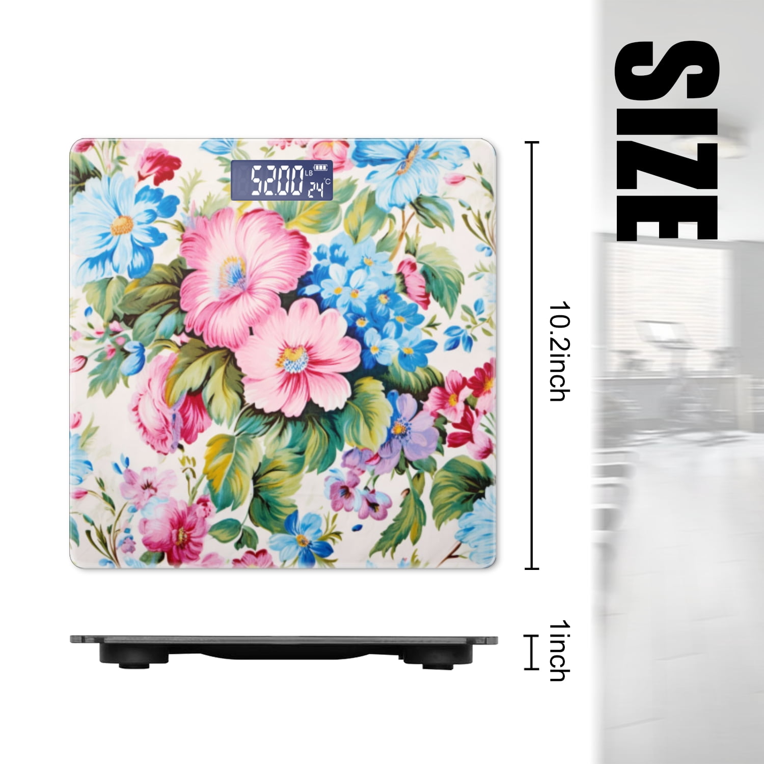 Bathroom Scale, Highly Accurate Digital Body Scale,Precisely Measures Weight up to 400 lbs-Vintage Floral Pattern Featuring Pink And Blue Flowers
