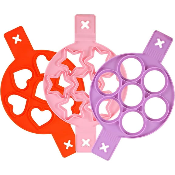Silicone pancake mold heart shaped five star and circular, three color, three piece set