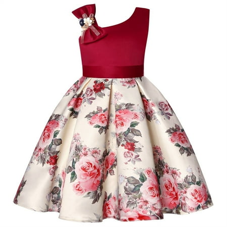 

Fimkaul Girls Dresses Spring Summer Print Ruffle Sleeveless Princess Family Gifts For Party Decorations Dress Baby Clothes Red