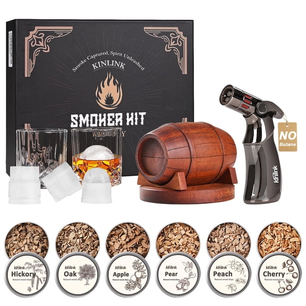 Set para ahumar whisky KINLINK con linterna, 6 astillas de madera, 2 vasos