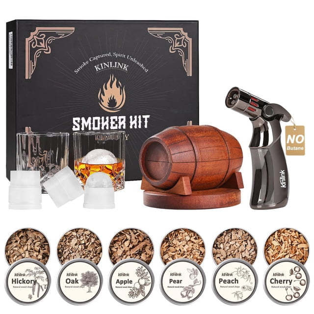 Set para ahumar whisky KINLINK con linterna, 6 astillas de madera, 2 vasos