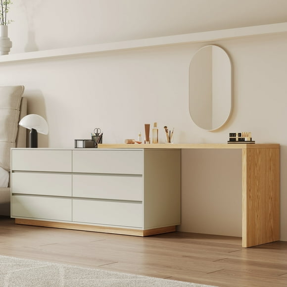 NessCarsti Modern Expandable L-Shaped Vanity Desk with 6 Drawers, Adjustable Beige Computer Table for Home Office, Bedroom, Makeup & Gaming