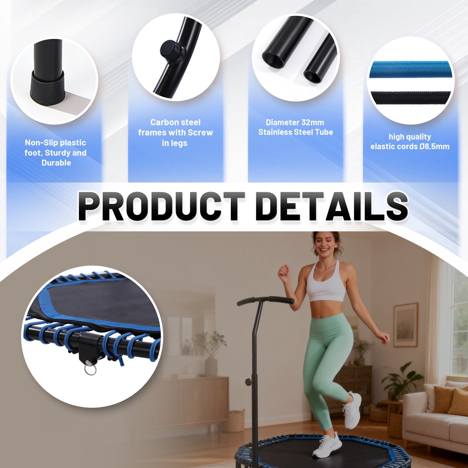 48 Inch Foldable Fitness Trampoline with 3-Level Adjustable Handlebar, Quiet Bungee Rebounder, Max 450lbs Load for Home & Gym Cardio Workout
