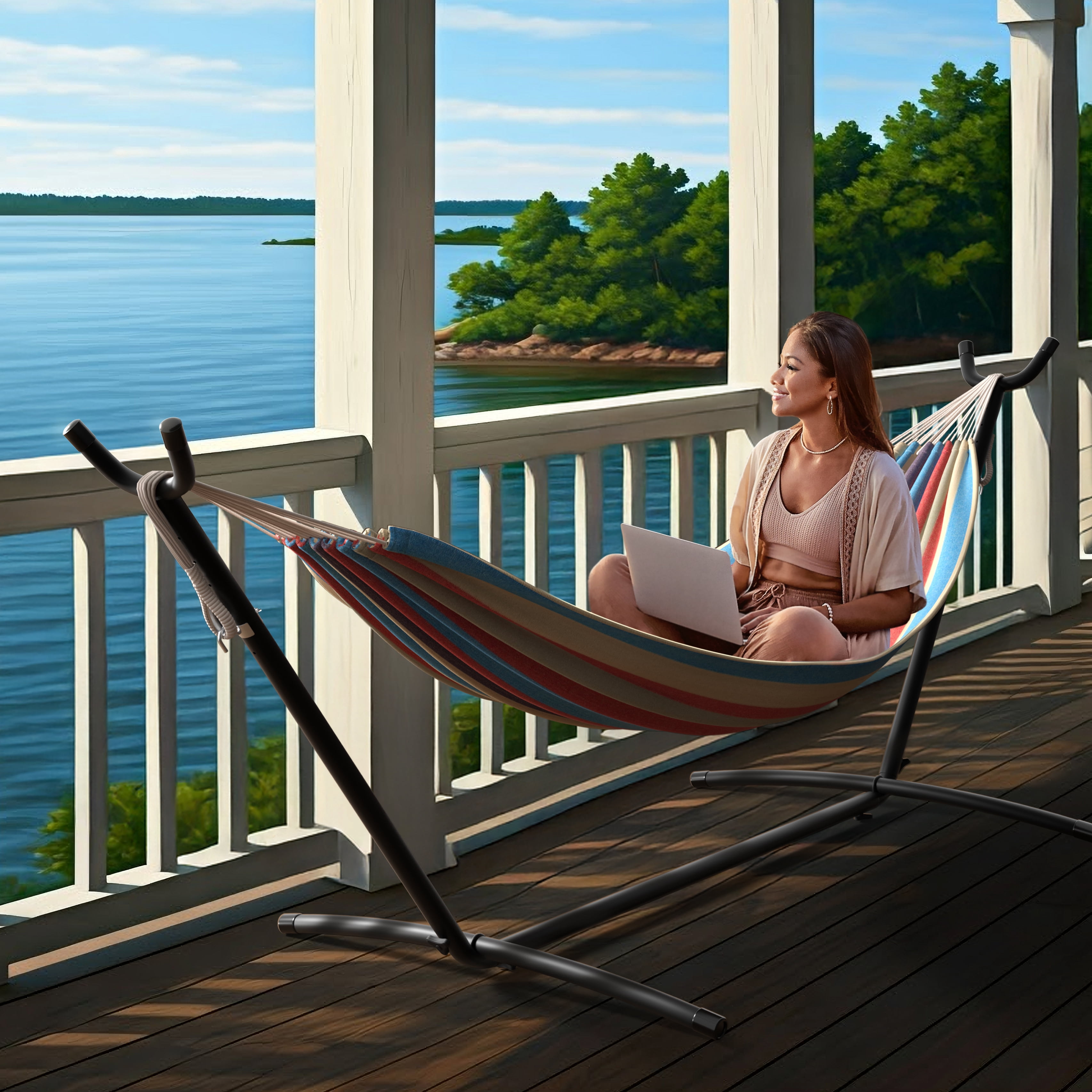 Sorbus 2-Person Hammock with Steel Stand, 60" Cotton Blend, 450lb, Portable Carry Case, Blue/Red