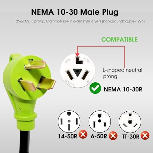 30 Amp 240V Y Splitter for Dryer and EV Charger, 3 Prong NEMA 10-30P to 14-30R/14-50R Dryer Adapter, Adapter for 14-50P EV Charging and Modern Standard Dryers,STW 3/10 AWG, 2.5FT
