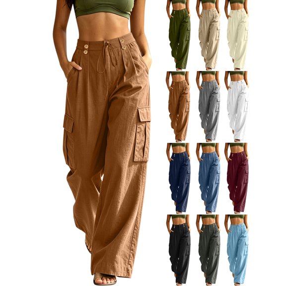 High Waist Cargo Pants for Women,Button Drawstring Waist Wide Leg Loose Casual Pants with Multi Pockets for Daily Wear