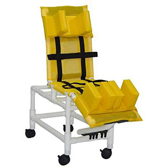 Small 14Inch internal width multi-positioning bathing chair 3Inch twin casters 22Inch height from floor to top of seat 125 lbs weight capacity