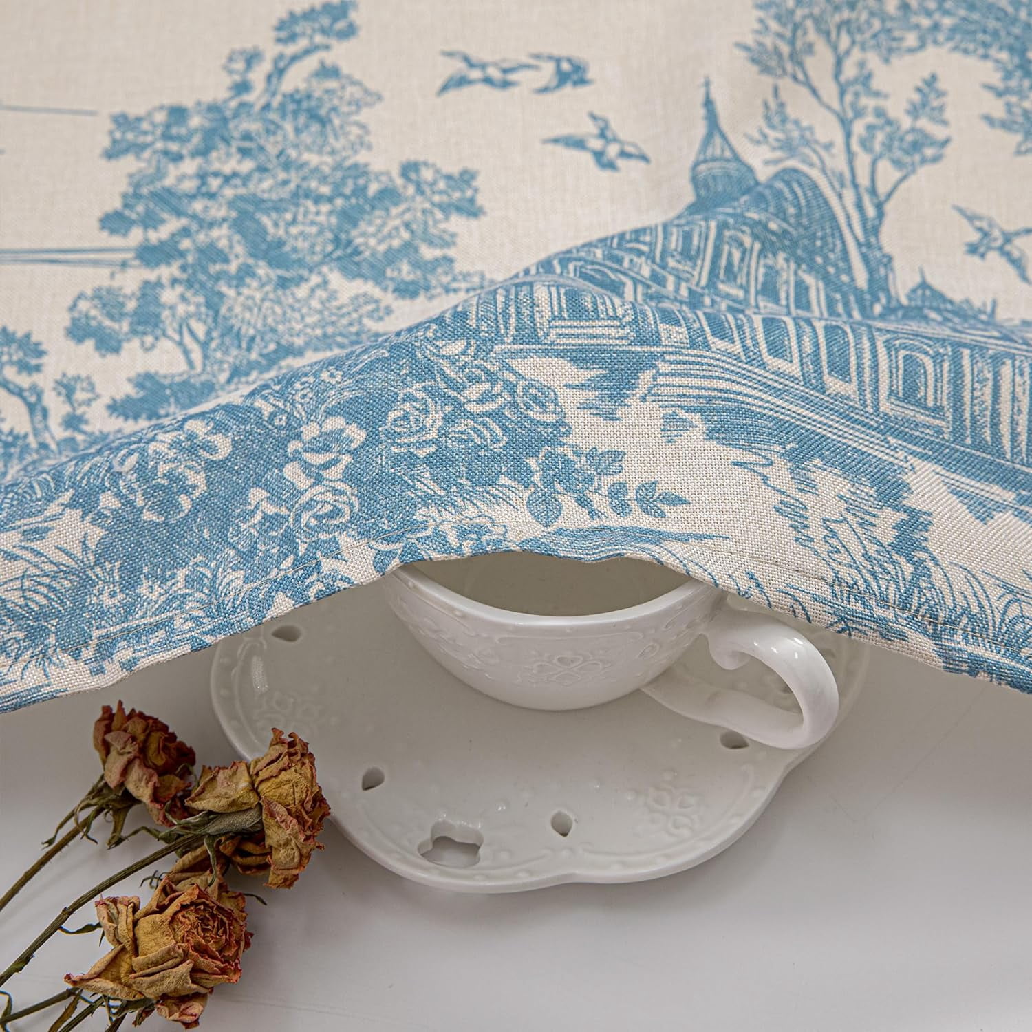 2 Pack Linen Window Valance, 18 Inches Long Kitchen Window Curtains Farmhouse Castle Pattern Rod Pocket Valance for Bathroom Bedroom Living Room, Blue and Natural Color