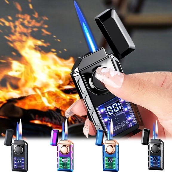 Usloyux 4Pcs Voice Control Lighter, Intelligent Voice Activated Dual Flame Lighter, Refillable Butane Lighter with Battery Display, Windproof and Adjustable Flame, Perfect for Camping and Kitchen