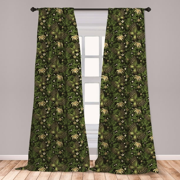 Sage Curtains 2 Panels Set, Spring Inspired Ornaments Butterflies