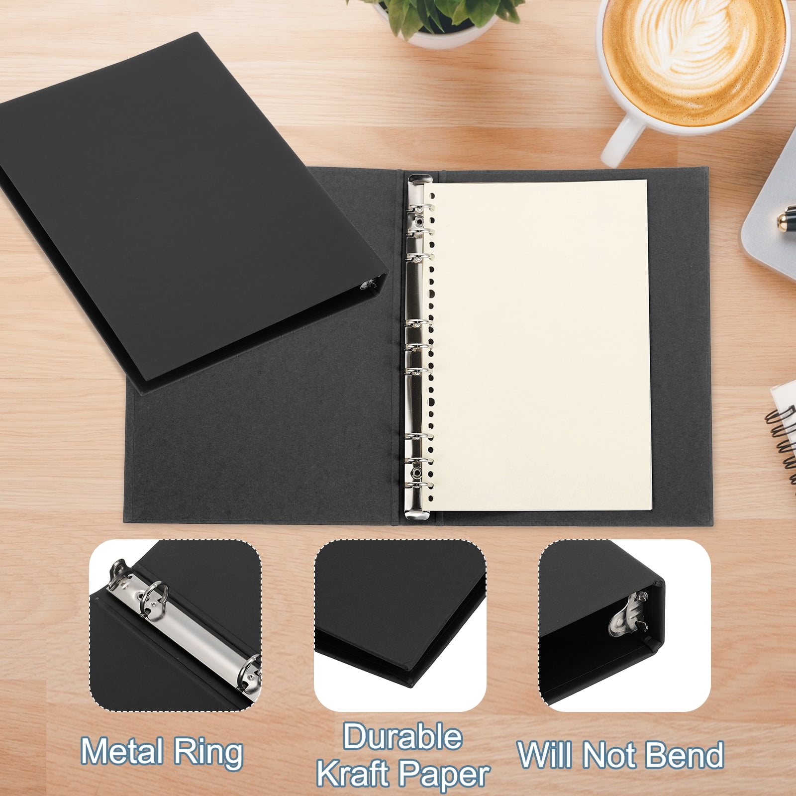 Uxcell A5 Binder Cover, 2 Pcs 6 Round Ring Binder Protector Kraft Paper Binder Shell Hardcover for Meeting Notebook Folder, Black