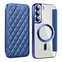 ELEHOLD for Samsung Galaxy S24 Case Flip Folio Built-in Card Holder RFID Blocking Protective Leather Case Transparent Clear Back Magnetic Compatible with Mag Safe Shockproof Cover,royalblue