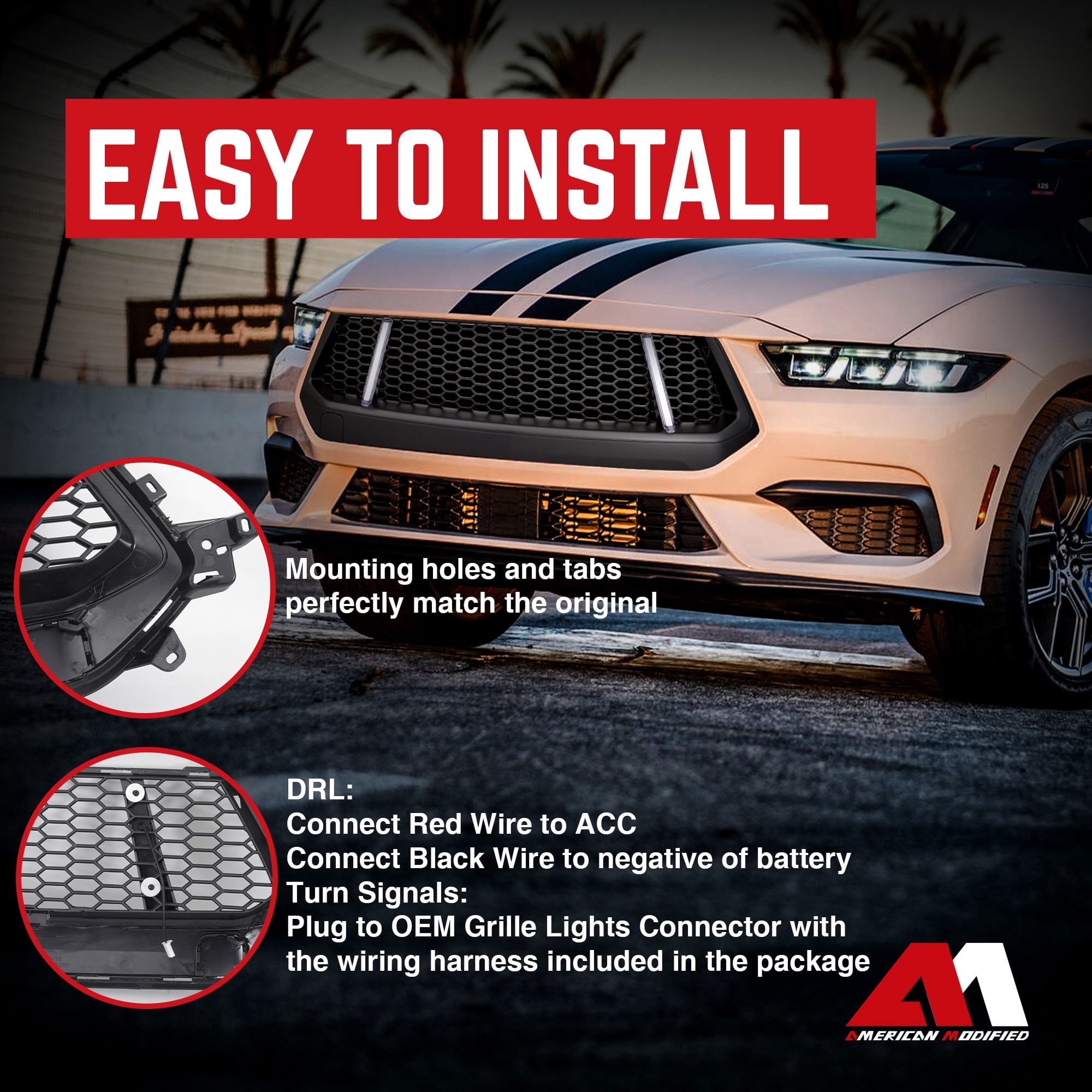 AMERICAN MODIFIED Front Grille w/LED DRL for 2024+ Mustang EcoBoost & GT