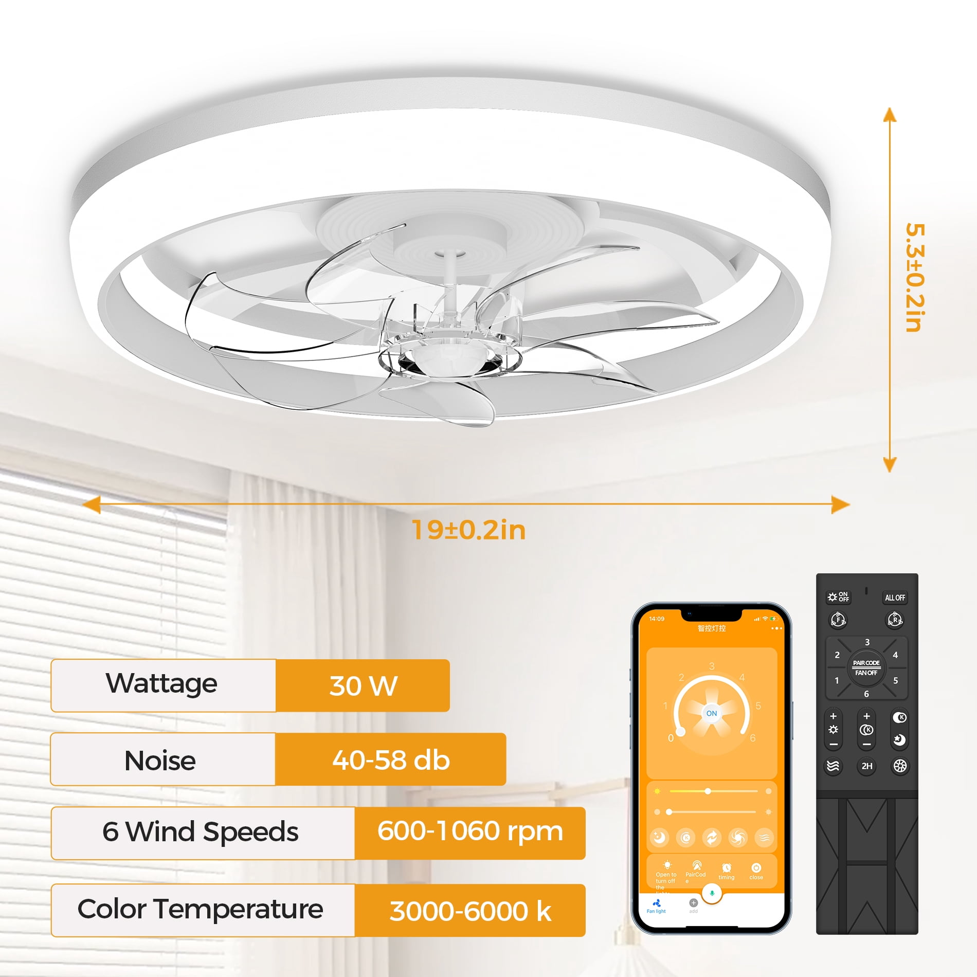 SKVEVN 19" Ceiling Fan with Light - 3 Colors Lighting, 6 Wind Speeds, Remote Control&APP, Modern Dimmable LED, Smart Ceiling Fan for Bedroom(White)