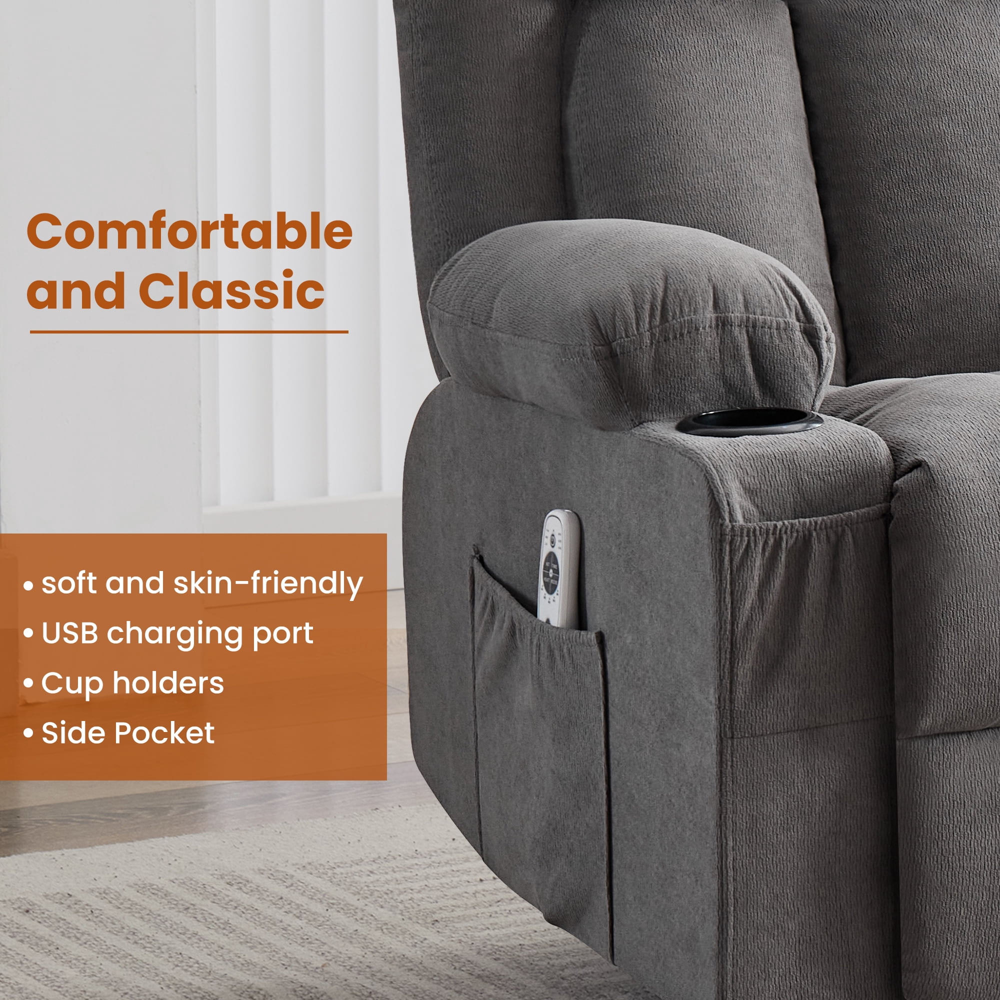 Alvantor Swivel Recliner Chair with Massage & Heat for Adults, Single Rocker Sofa with Cup Holders for Bedroom Home Theater Gray