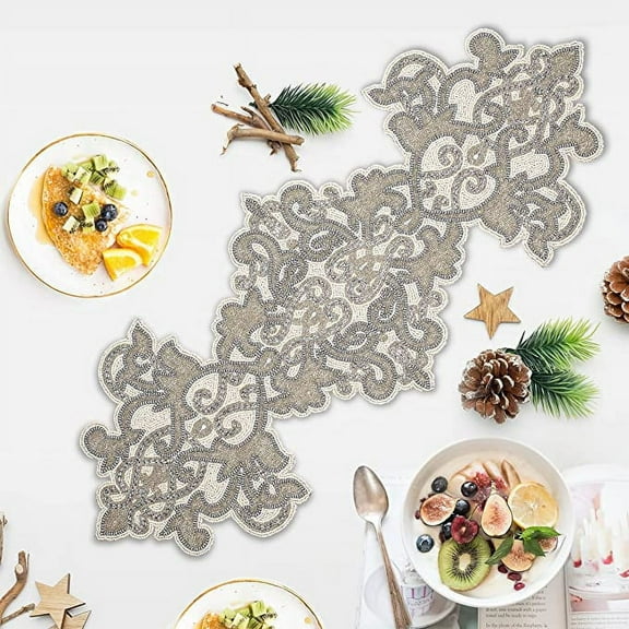 GFI LINEN CLUB Hand Made Beaded Table Runner White Silver Combo Home Decor Mat for Wedding Party Family Gathering 13 Inches x 36 Inches