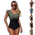 thumbnail image 4 of Minjewel Women's Slimming One-Piece Swimsuit with Ruched Tummy Control, Solid Color Bathing Suit with Triangle Liner, High Waist Swimwear for Women,Blue,XL, 4 of 4