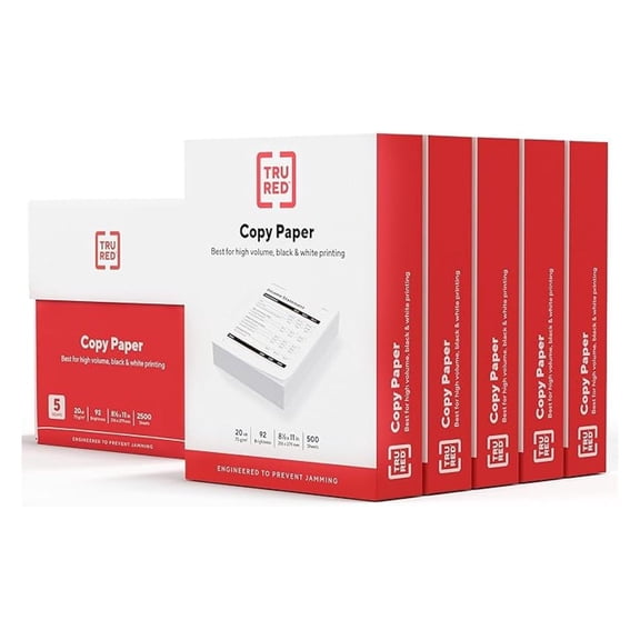 TRU RED Copy Paper, 8.5" x 11" Sheet Size, 92 Brightness, 20 lbs., Smooth Finish White Paper (500 Sheets/Ream, 5 Reams/Carton)