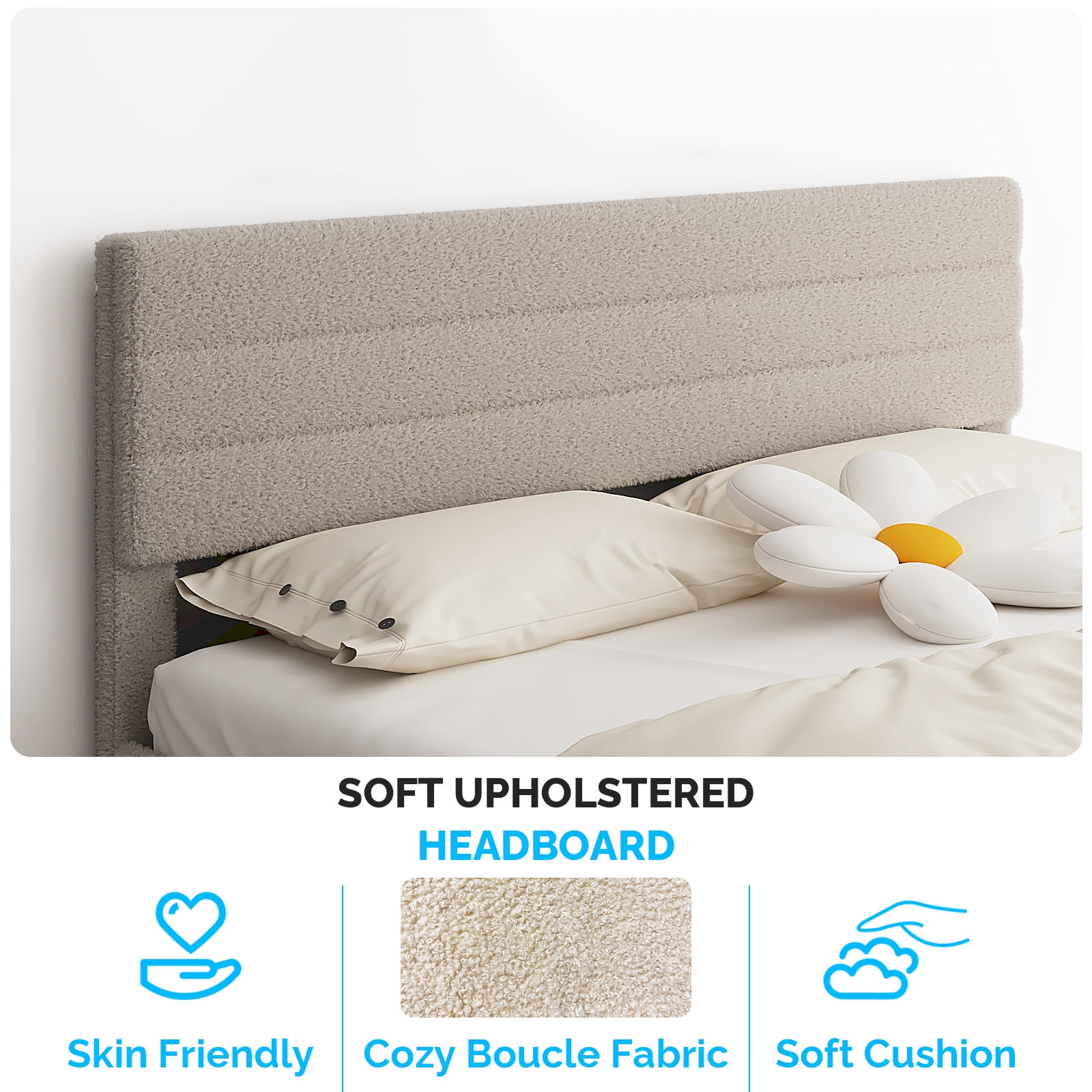 UBesGoo Bed Frame Queen Size Upholstered Platform Bed Frame with Headboard,  Mattress Foundation with Wood Support, Beige