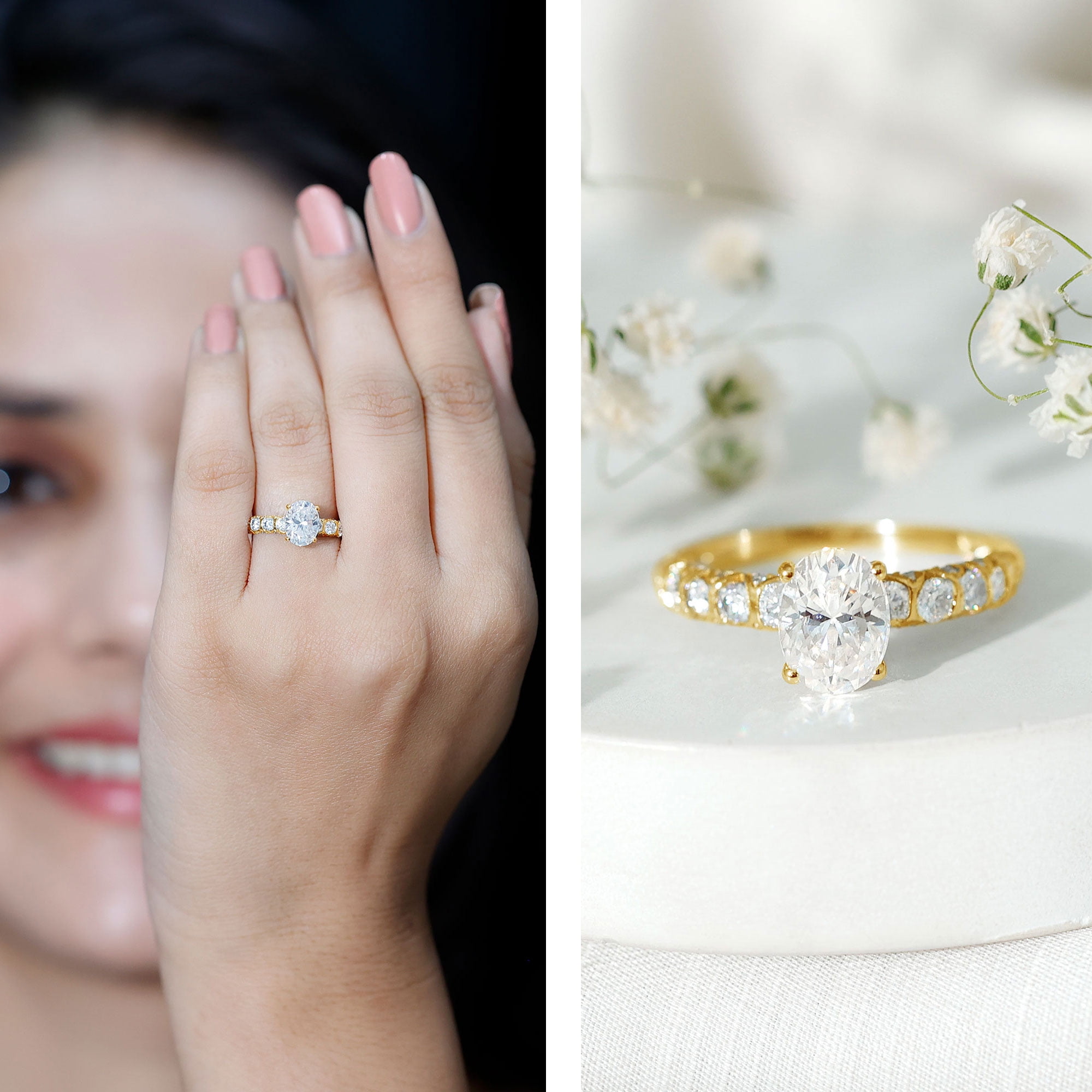 Rosec Jewels Moissanite Oval Solitaire Engagement Ring 1 Carat, 6X8 mm, D-VS1 Quality Certified Moissanite Ring - with Jewelry Box, 14K Yellow Gold, US 7.50