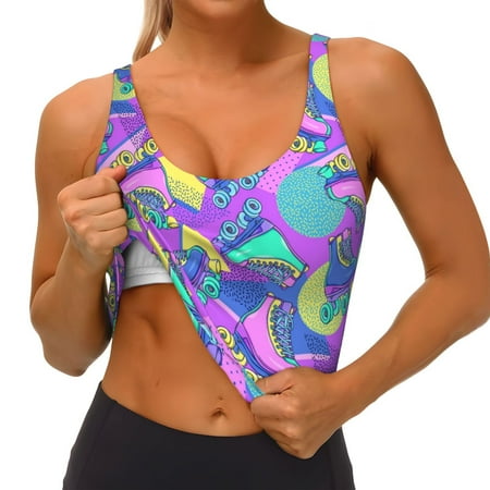 Qokaie Disco Roller Skates Pattern Womens Scoop Neck Sports Bra Breathable Workout Vest Padded U Back Medium Impact Fitness Gym Yoga Bra Workout Crop Top