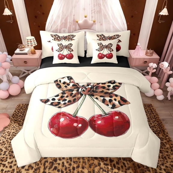 Erosebridal Cute Cherry Twin Bedding Sets for Girls, Leopard Print Bowknot Bedding Comforter Set, Black Reversible, 7-Piece