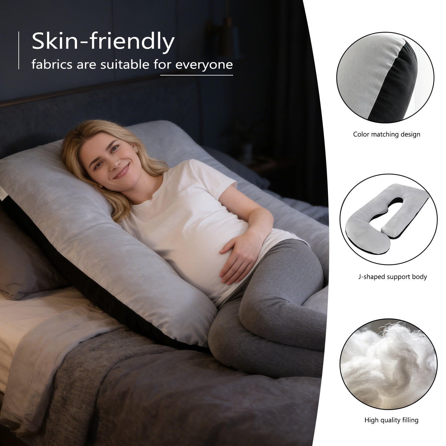 AFGFUF J-Shaped Pregnancy Pillow, 63" x 19.6", Full Body Maternity Pillow for Back, Hip & Belly Relief, Black-Grey