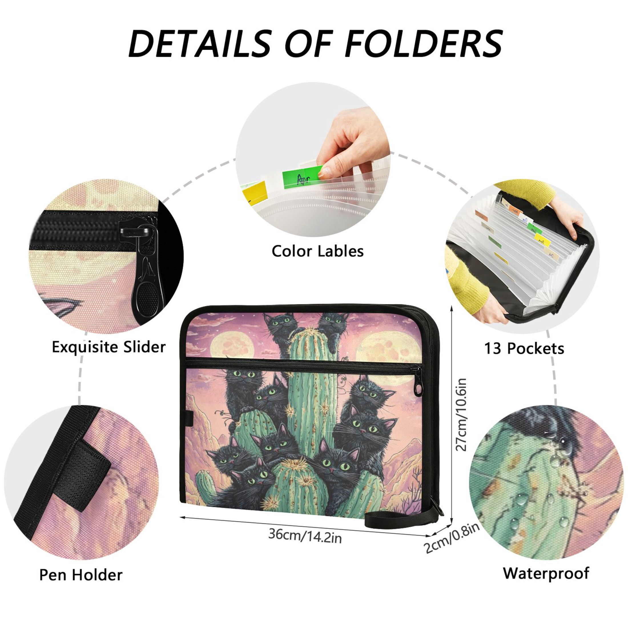 WOBOGO Black Cat with Cactus Expanding File Folder Letter Size Accordion Filing Organizer 13 Pocket Separate Organ Pocket