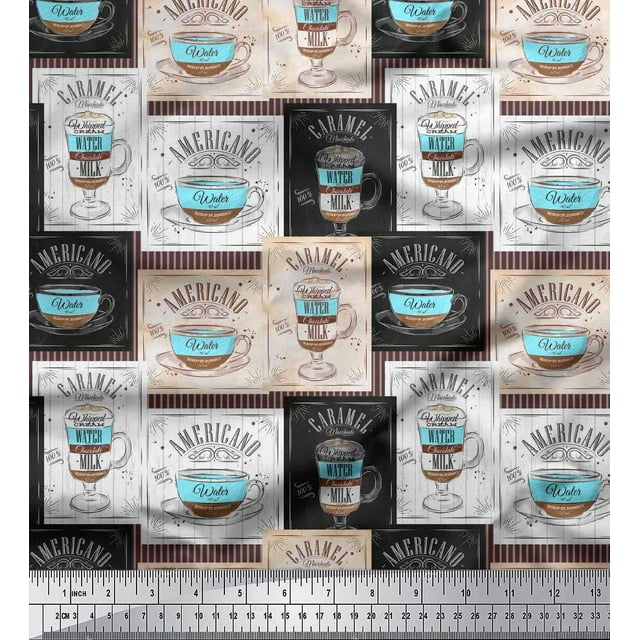 Soimoi Brown polyester Crepe Fabric Caramel & Americano Coffee Beverages Print Sewing Fabric Yard 52 Inch Wide