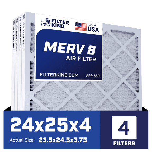 Filter King 24x25x4 Air Filter | 4-PACK | MERV 8 HVAC Pleated A/C Furnace Filters | MADE IN USA | Actual Size: 23.5 x 24.5 x 3.75"