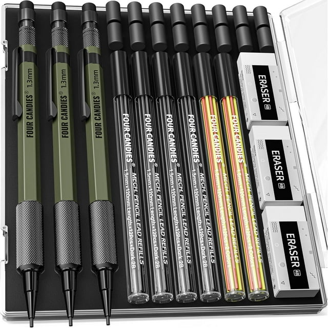 czcpp-3PCS 1.3mm Mechanical Pencil Set with Case, Metal Heavy Duty Carpenter Pencils with 48 Refill(Red,Black,Yellow) 3Eraser, 12Eraser Refill, Weatherproof Body Outdoor Woodworking Marking