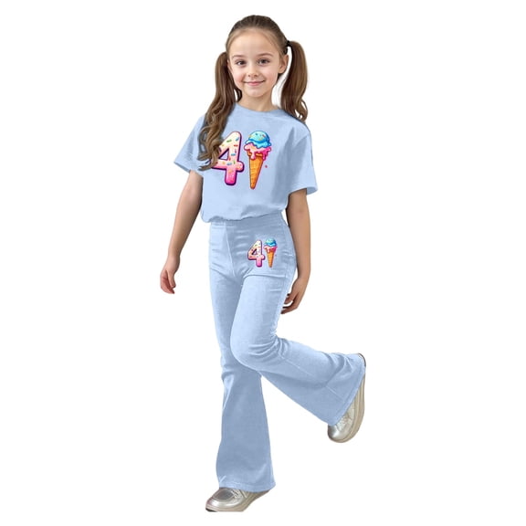 Girls' 2 Piece Flared Pants Set Summer Outfits Girls Clothes Size 8/9 Printed Short Sleeve Top Shirt and Bell Bottom Pants Size 7-8 Years Light Blue