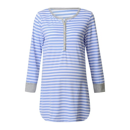 

Women s Nursing Nightie Long Sleeve Striped Maternity Breastfeeding Dress Maternity Pajamas Nightwear Light Blue M