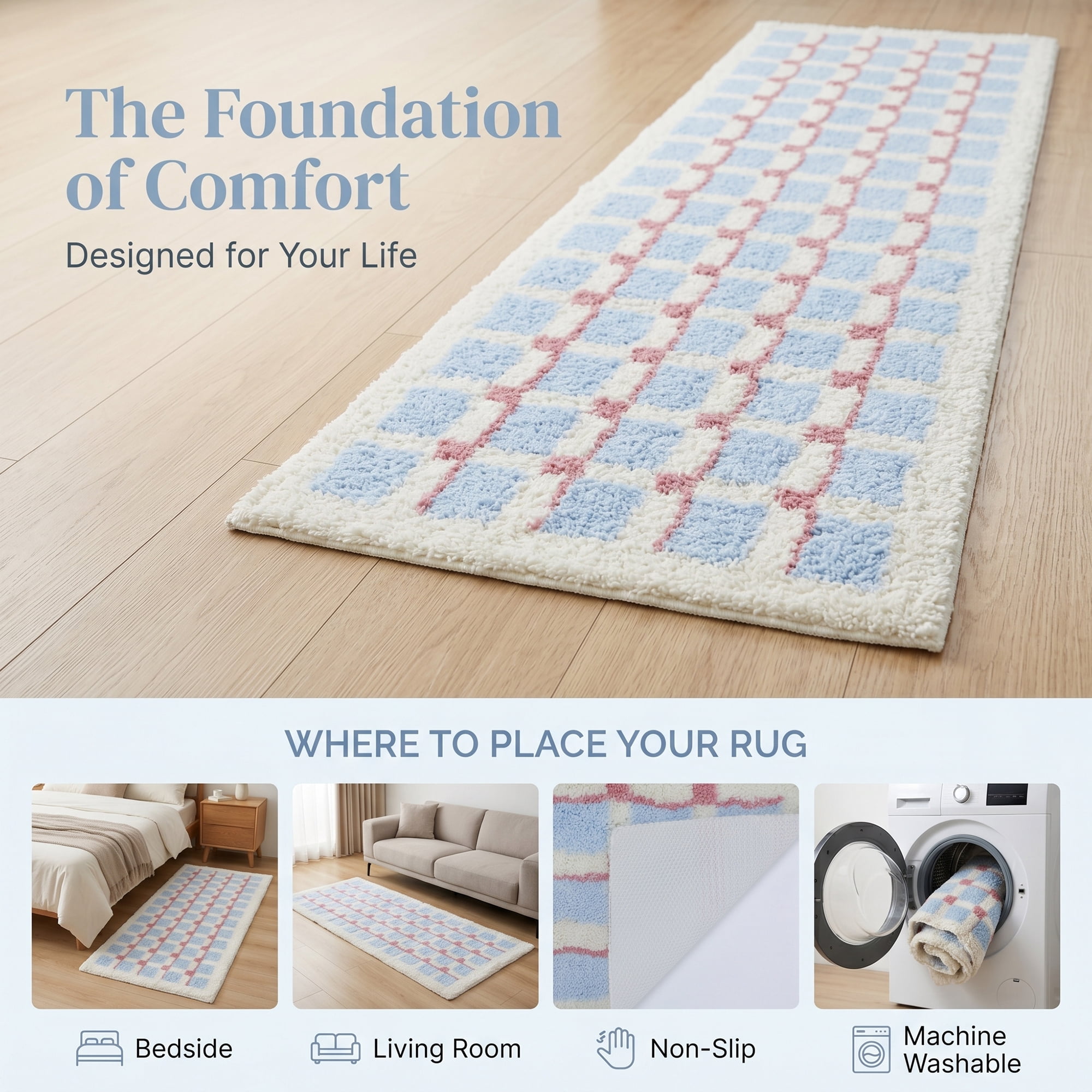 Unique Bargains Geometric Runner Rug Shaggy Bedside Non-Slip Hallway Carpet Light Blue