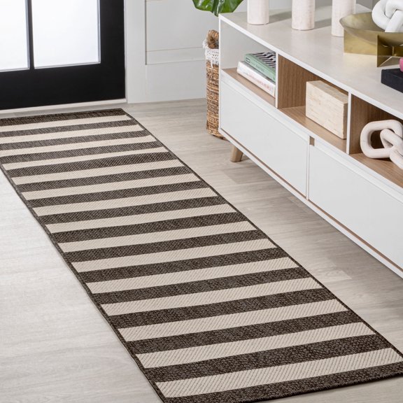 JONATHAN Y SANTA MONICA 2 x 8 Runner Rug, Negril Two-Tone Wide Stripe - Black/Beige, SMB203B-28