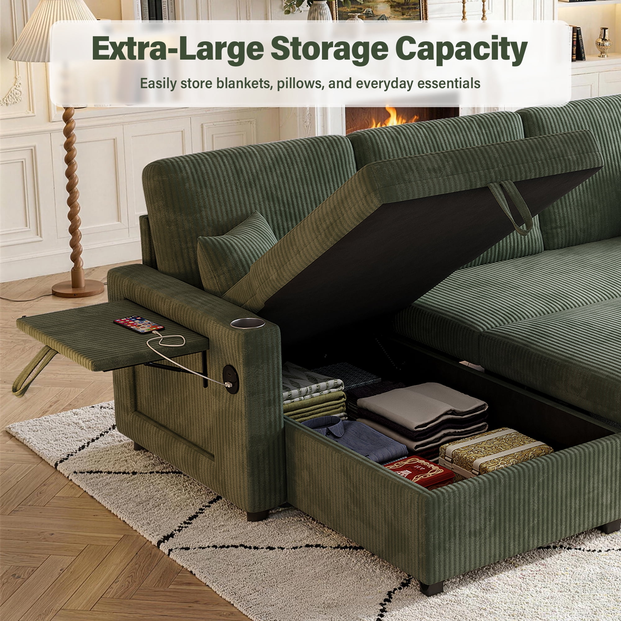 Aukfa 83" L-Shaped Sleeper Sleeper Sofa with Storage Chaise & Rotating Side Table, L-Shaped Corduroy Convertible Couch with USB/Type-C Ports,Green