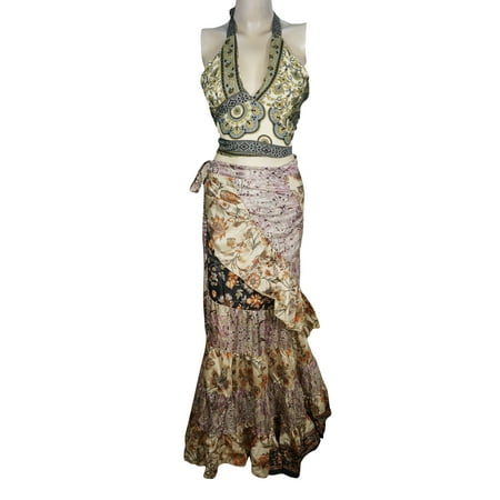Woven Sari - Mogul Womens 2 Pieces Wrap Around Skirt With Halter Crop Top Upcycled Silk Sari Vintage Printed Flare Ruffle Summer Fashion Maxi Dress