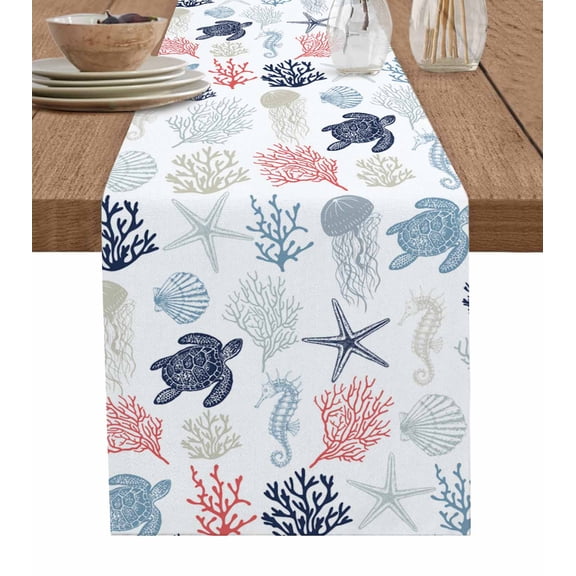 Boanket Blue Red Coastal Table Runner - 60 Inch Long, Kitchen Dining Table Runner Dresser Scarves, Nautical Summer Beach Coral Sea Turtle Farmhouse Home Decor for Coffee Table Wedding Party Banquet