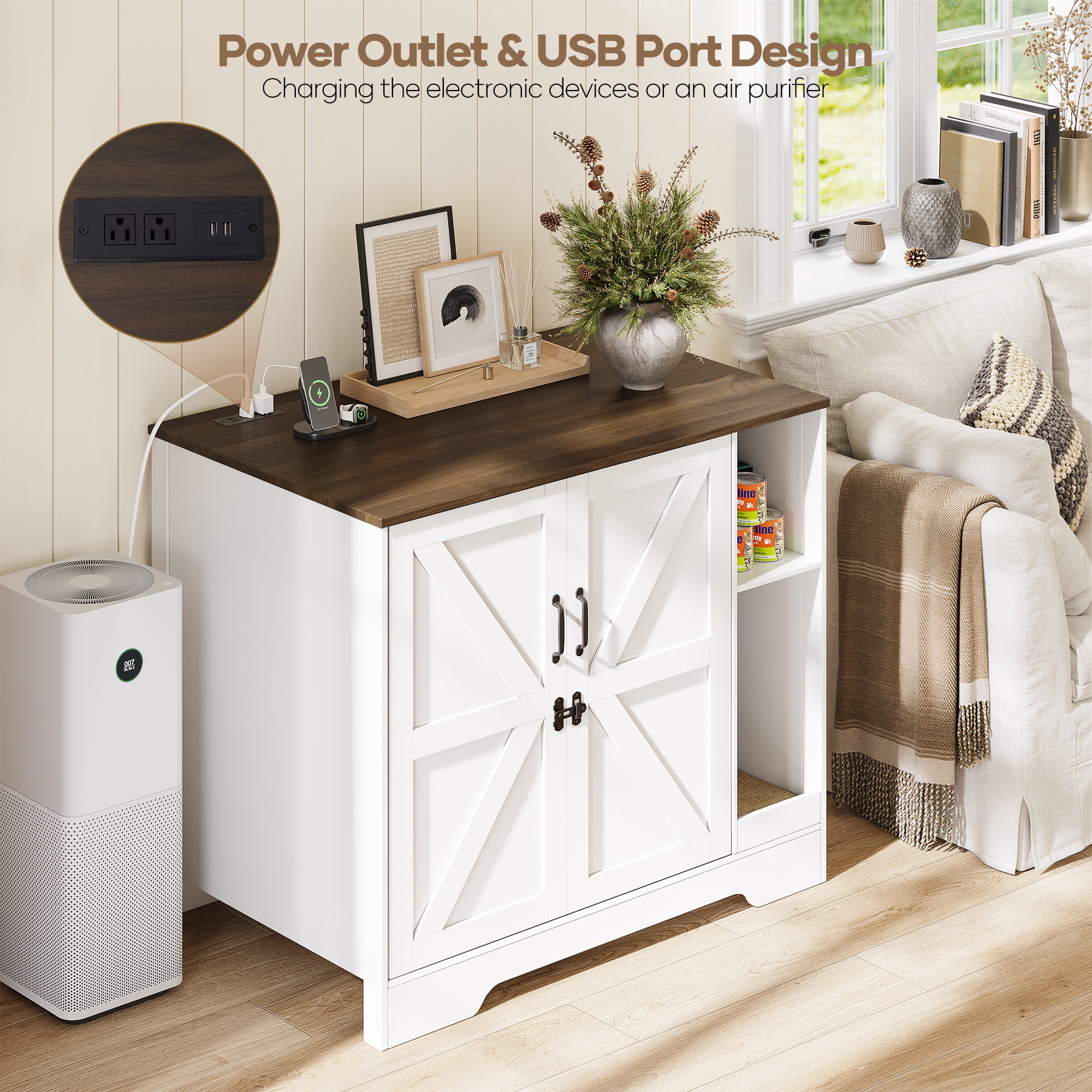 Naipo 42inch XL Litter Robot Enclosure with Power Outlet for Litter Robot 3/4 , Hidden Cat Litter Box Cabinet with Cat Scratch Pad , Dog Proof, White