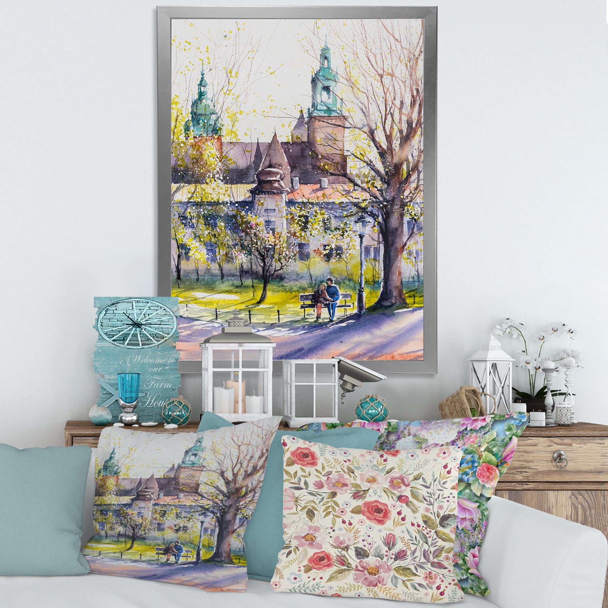 Designart 'Castel Through The Trees of The Park With Couple Sitting on Bench' Country Framed Art Print
