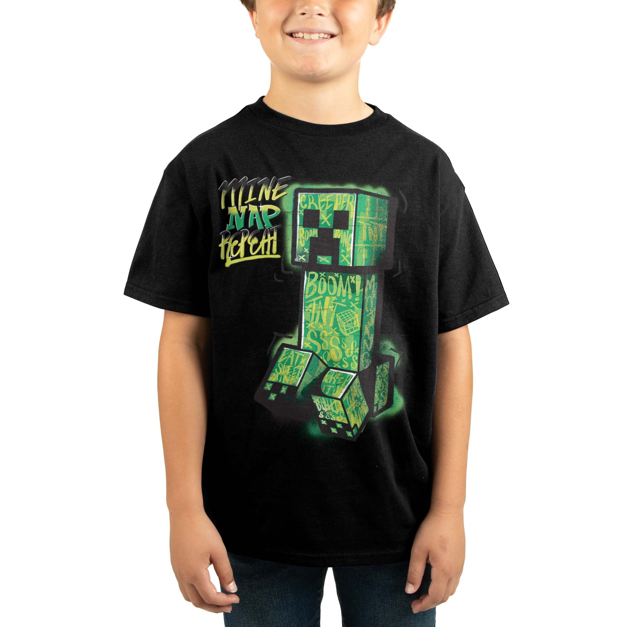 Minecraft Creeper Mine Nap Repeat Kids Black T Shirt