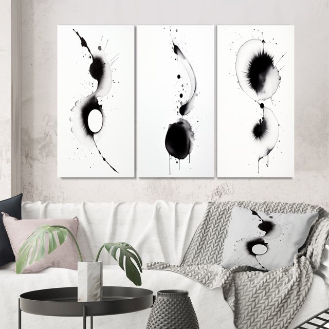 Designart "Monochromatic Harmony Subtle Ink Symphony VIII" Abstract Painting Wall Art Set Of 3 - Modern Black Canvas Set For Living Room Decor