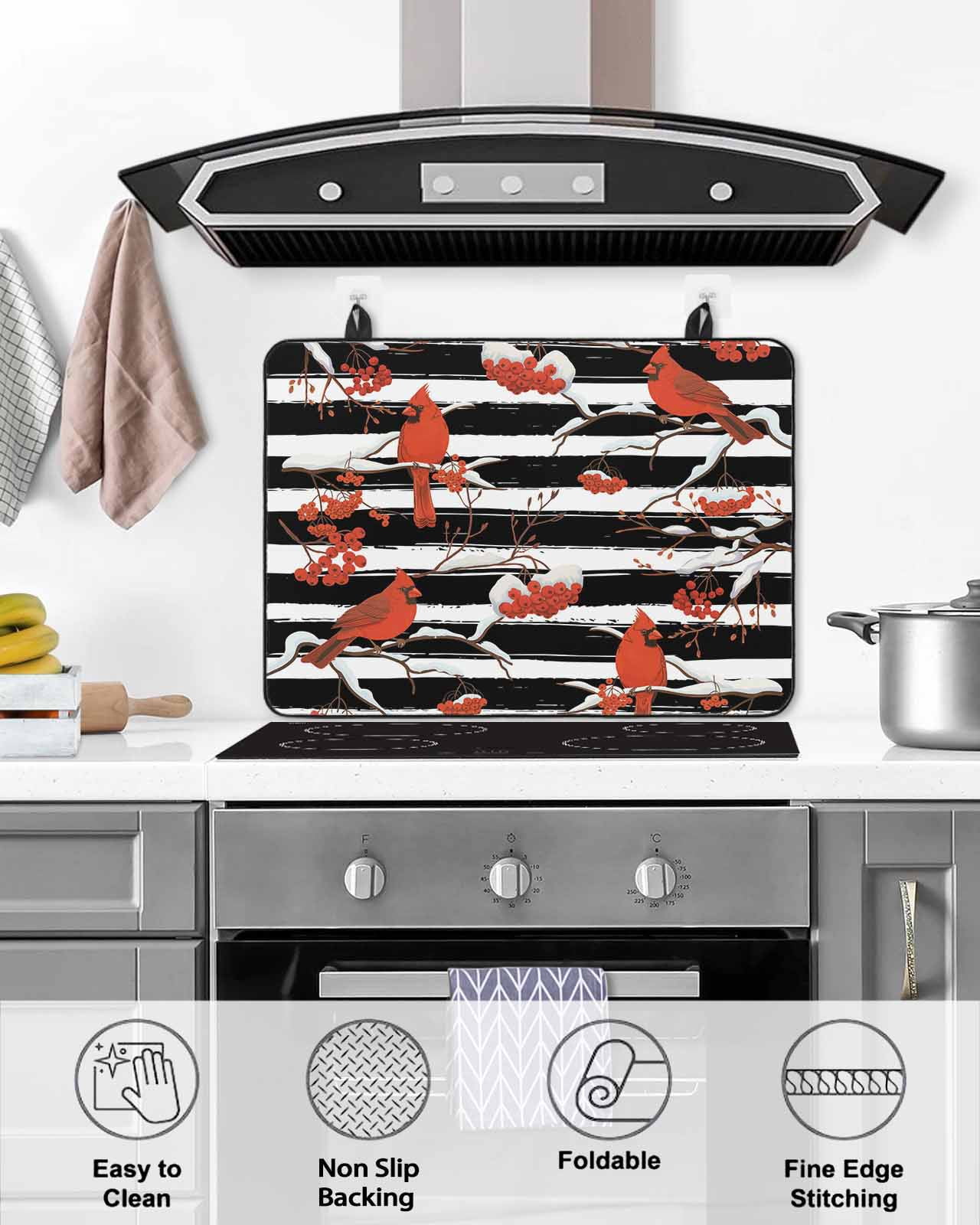 Large Induction Cooktop Protector Mat Christmas Stove Top Covers for Electric Stove, Red Cardinal Birds on Branch Berries White Black Stripes Decorative Stove Burner Cover Mats, Glass Top Stove Cover