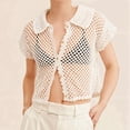 thumbnail image 4 of Women'S Crochet Cardigan Sweater Button Front Collared Short Sleeve Loose Knitted Outerwear Vest Cream White M, 4 of 5