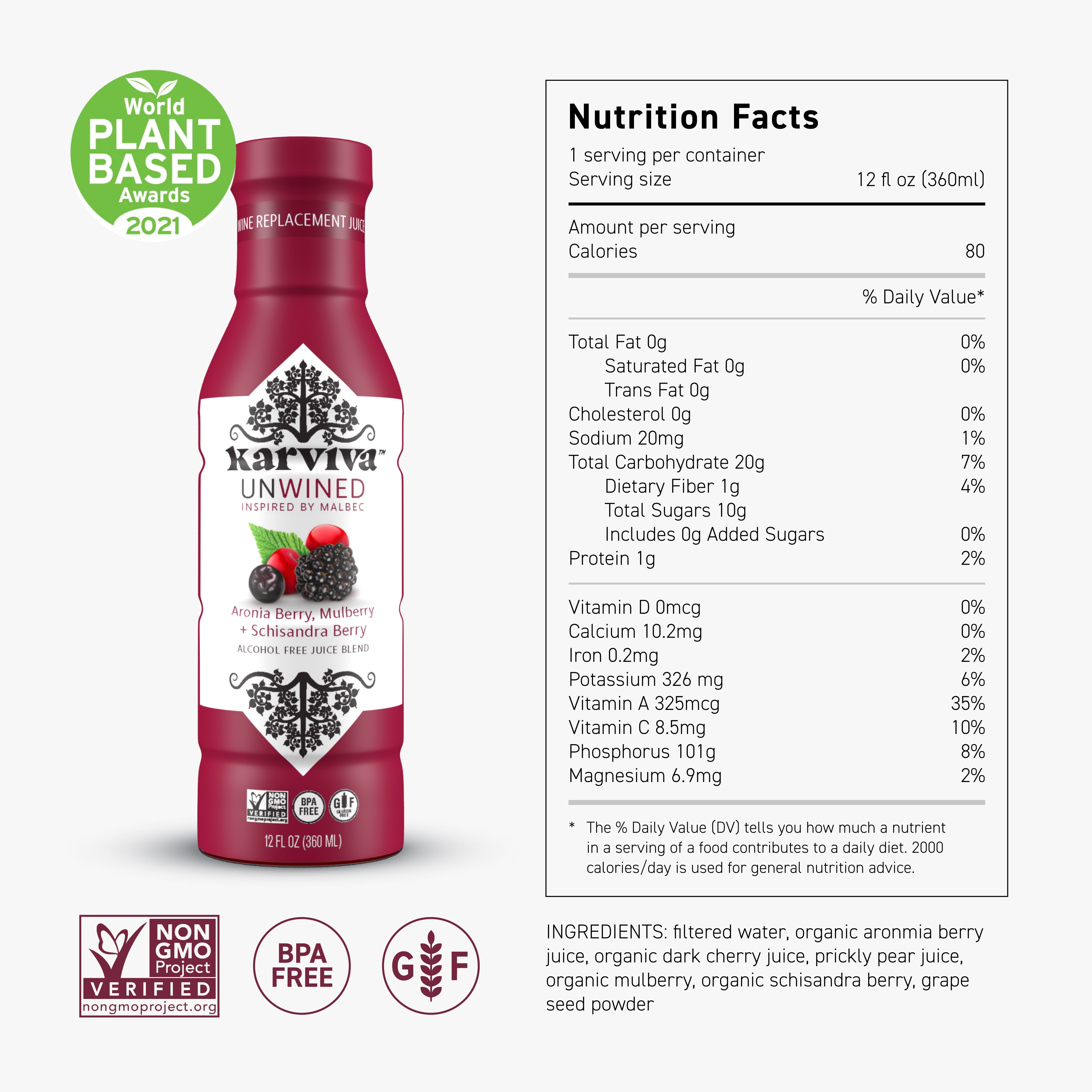 Karviva Unwined Non-Alcoholic Wine, Organic Malbec Alternative, 4-Pack, 12 fl oz, Low-Sugar, Sulfite-Free, Herbal Antioxidant Blend, Perfect for Mocktails & Cocktails