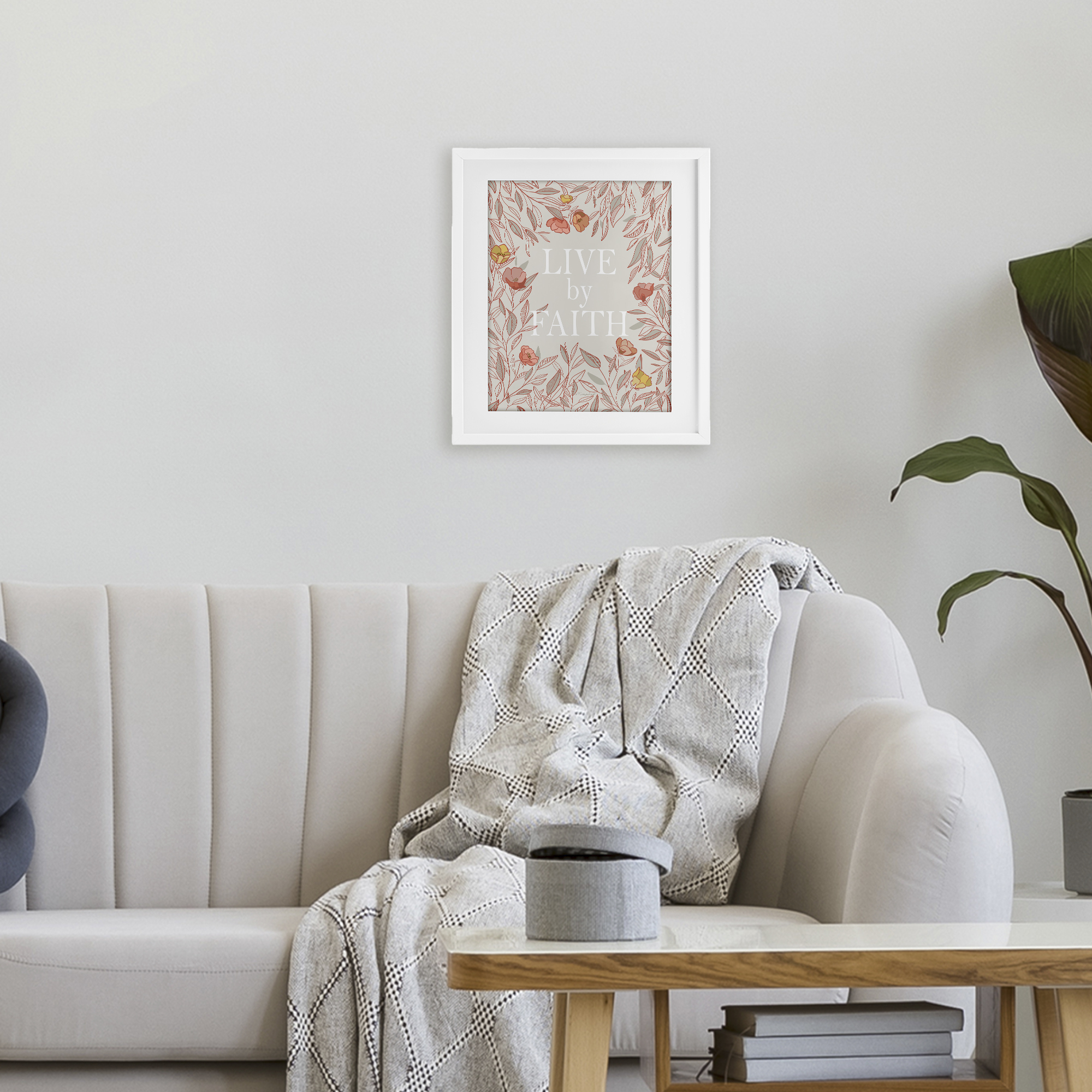 Live By Faith Rosy Florals White Framed Print Under Glass, design by Kelley Talent