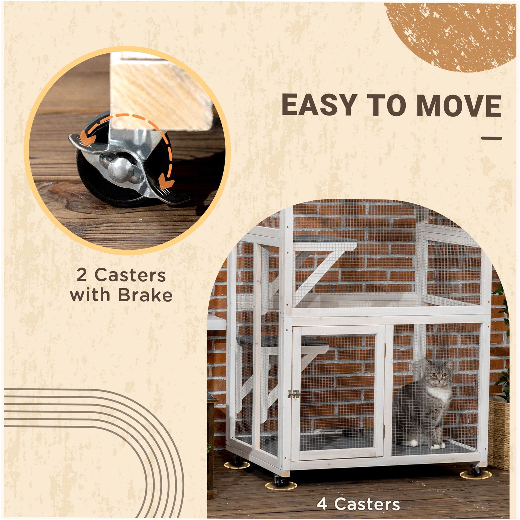 JERFIT 74 Inch Outdoor Cat House with Wheels, Weatherproof Wooden Catio Enclosure, Large Gray Cat Cage Condo for Indoor Outdoor Use