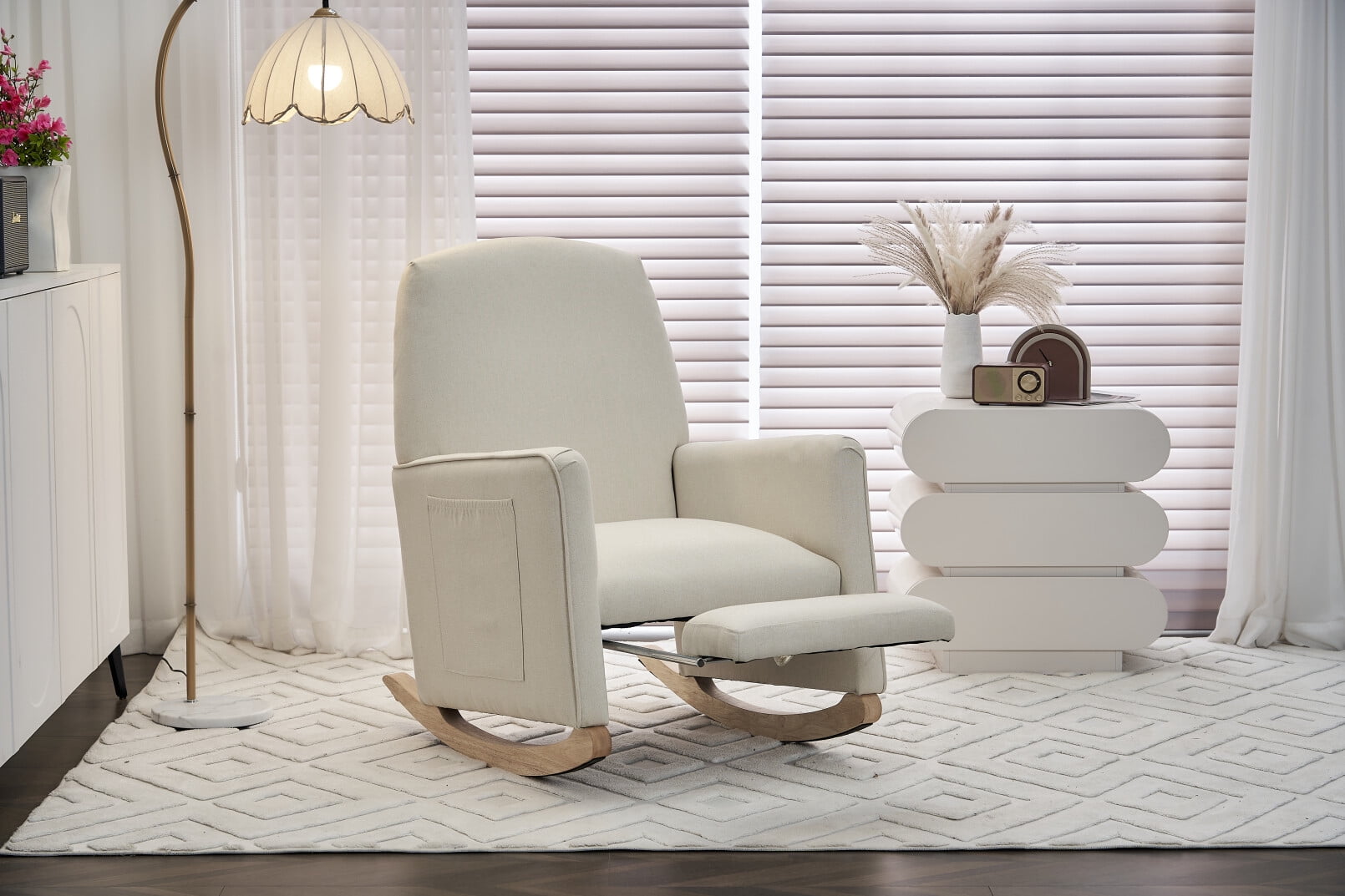 Cotton Linen Rocking Chair with Pull Out Footrest, Side Pockets and Non-slip Mats Legs for Living Room, Bedroom, Nursery, Balcony, Beige